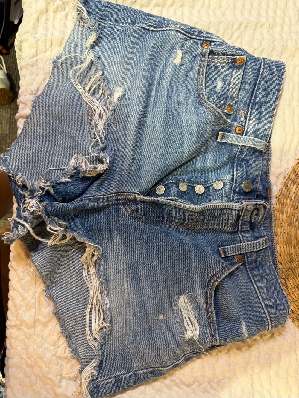 Levi's Light Blue Distressed High-Waist Denim Shorts